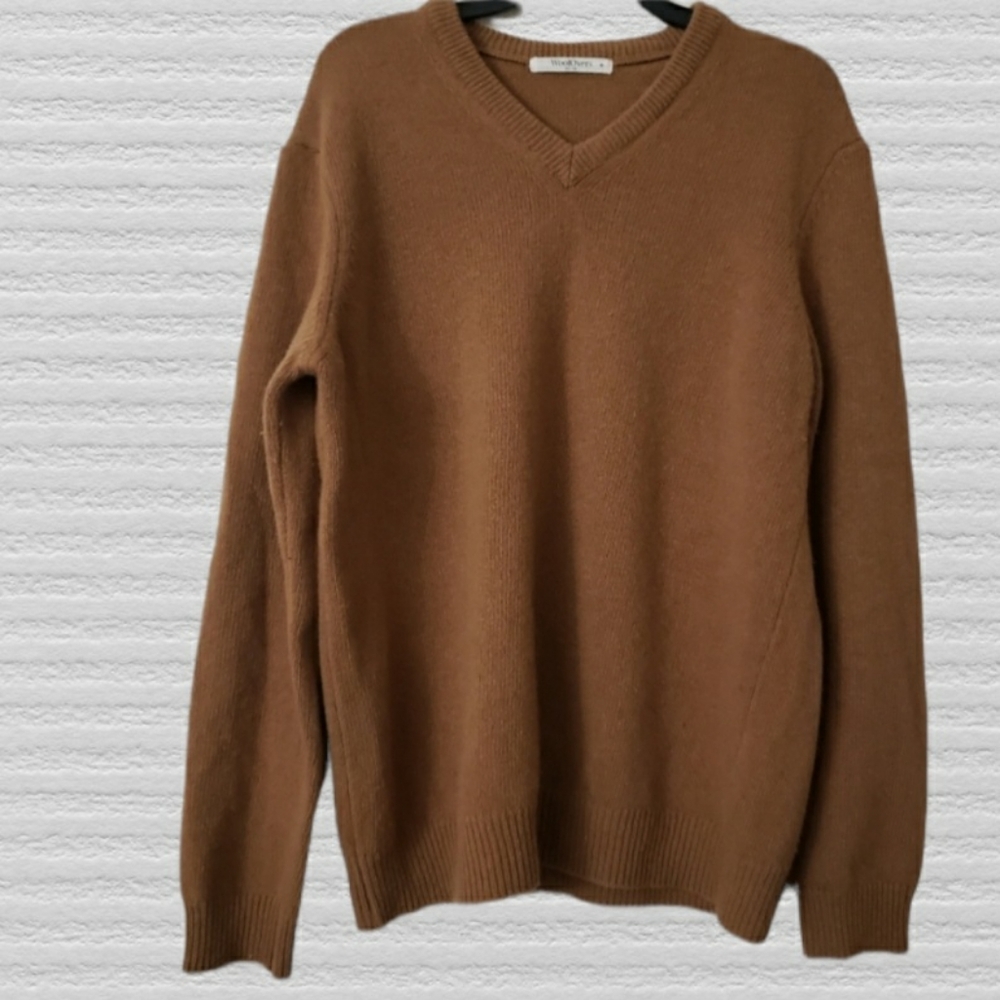 WOOLOVERS Lambswool V Neck Sweater Knit Pullover Brown Medium